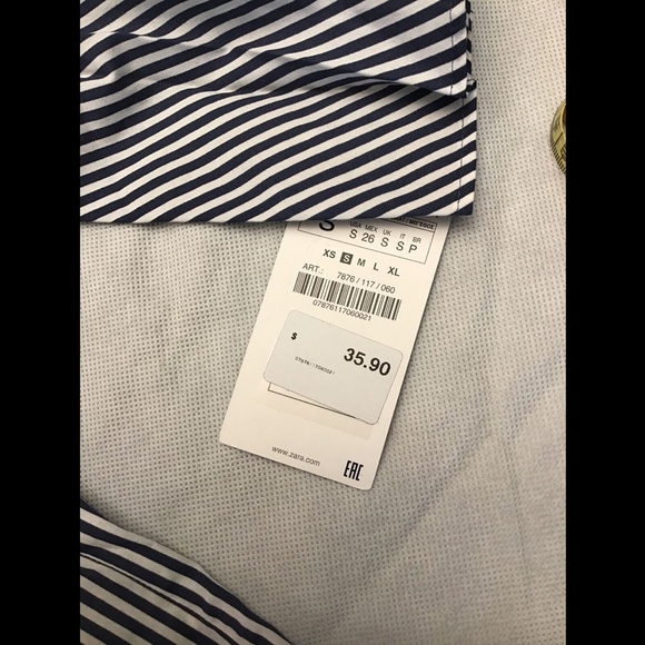 NWT Zara Poplin Stripe‎ Top with faux pearls Blue/White [ SZ Small ] #3595 - Picture 7 of 12